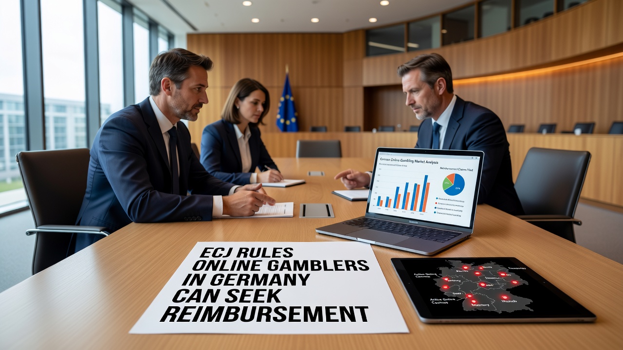 Anwalt bei der Vorbereitung von Dokumenten zu einem Glücksspiel-Fall in einem modernen Büro mit Akten und Laptop